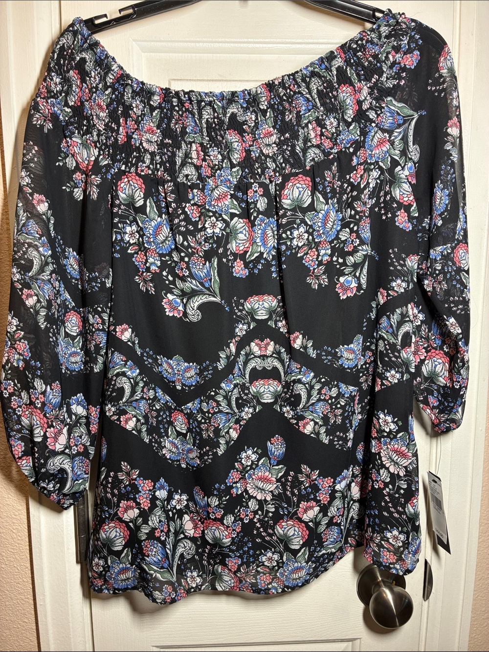 AB Studio Black Floral Off-Shoulder Smocked Top